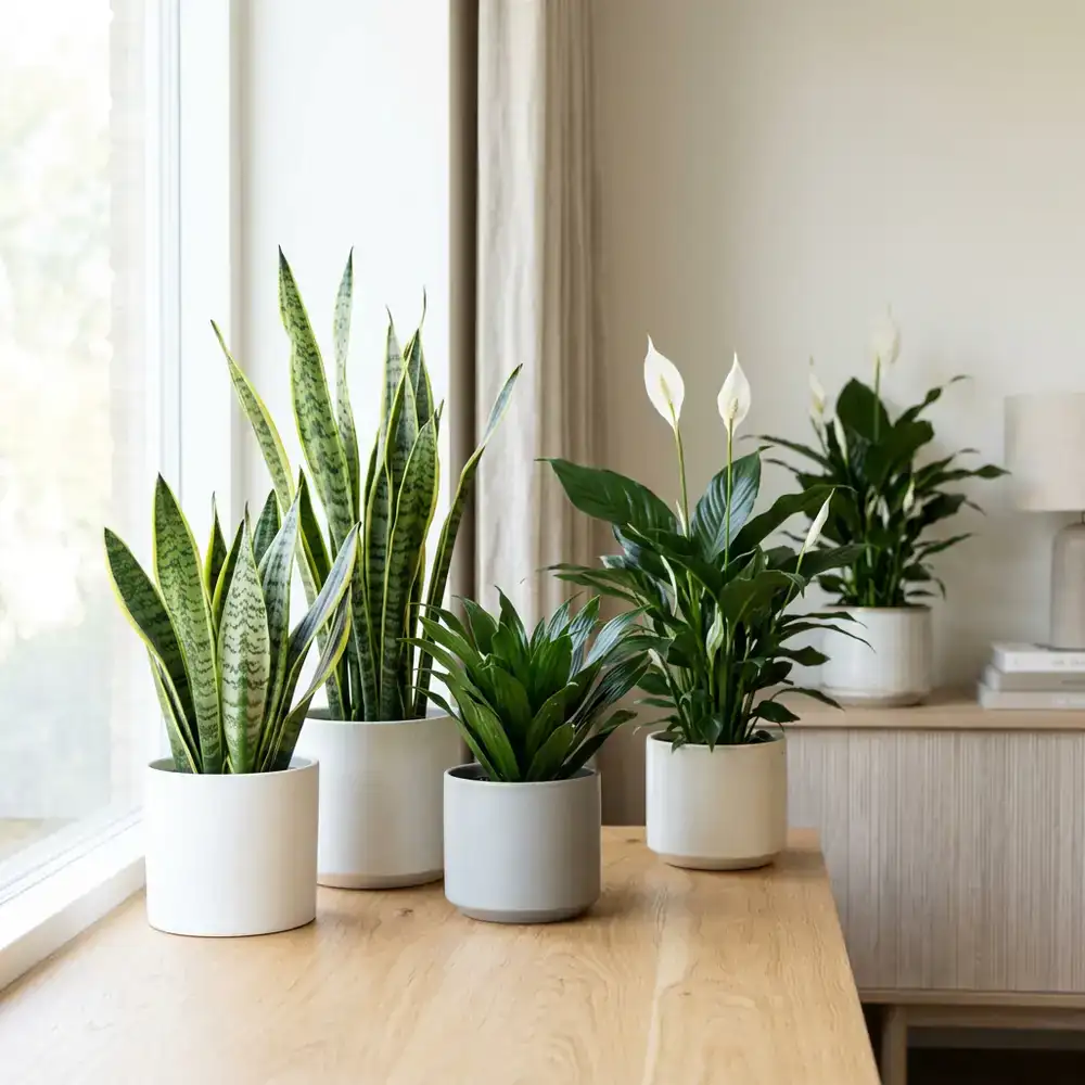 Snake plants and peace lilies in modern ceramic pots