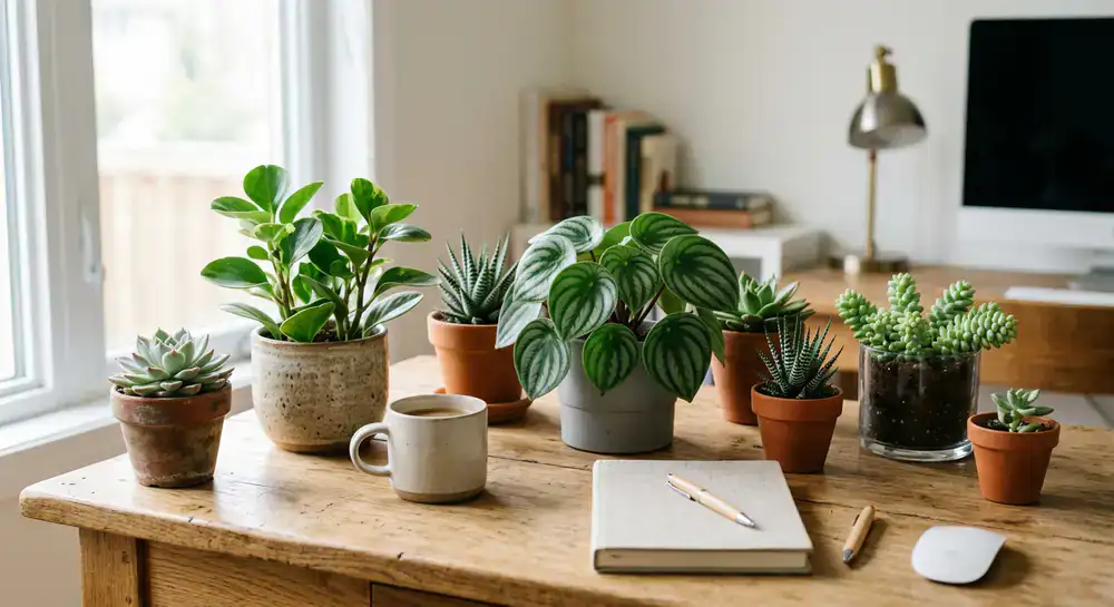 Small succulents and peperomia on a wooden work desk
