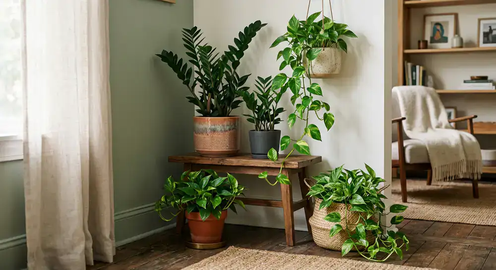 ZZ Plants and Pothos arranged in a shaded room corner
