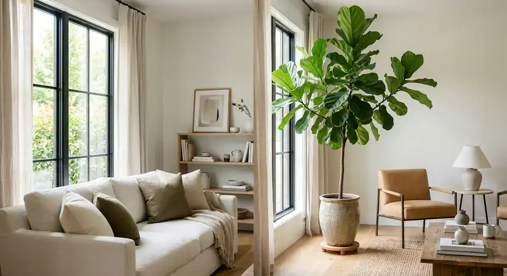 A large Fiddle Leaf Fig standing tall in a living room