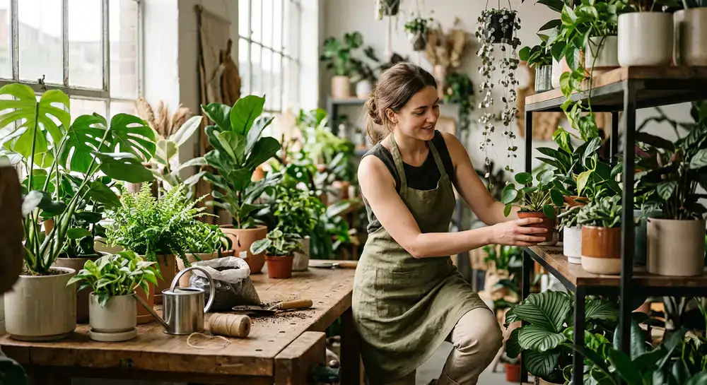 Team member at Verdant Spaces studio arranging indoor plants