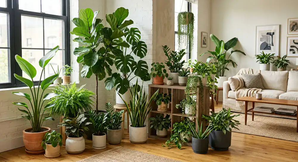 Lush indoor plants arranged in a modern sunlit apartment