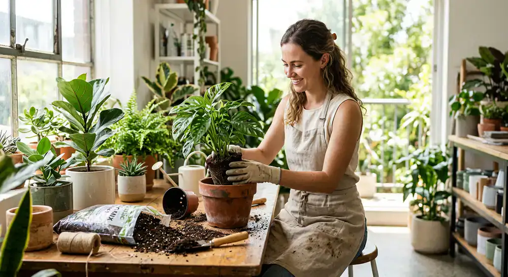 Plant specialist repotting an indoor plant with premium soil in a sunny studio